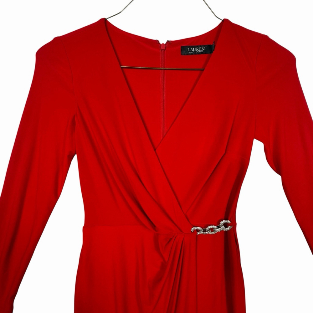 Lauren Ralph Lauren Red Faux Wrap Dress with Jewel Detail Womens Size 2 - Picture 2 of 9